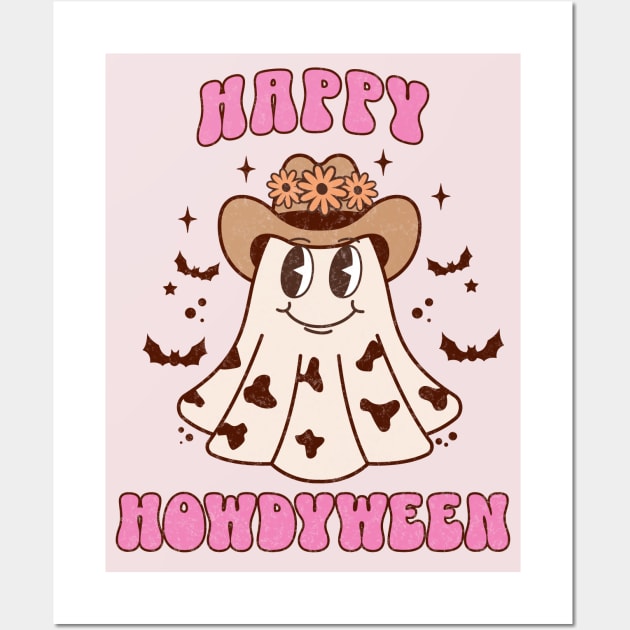 Western Halloween Ghost Happy Howdyween Pink Retro Cow Wall Art by PUFFYP